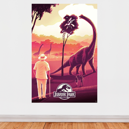 « Jurassic Park » – Affiche rétro coucher de soleil avec dinosaures