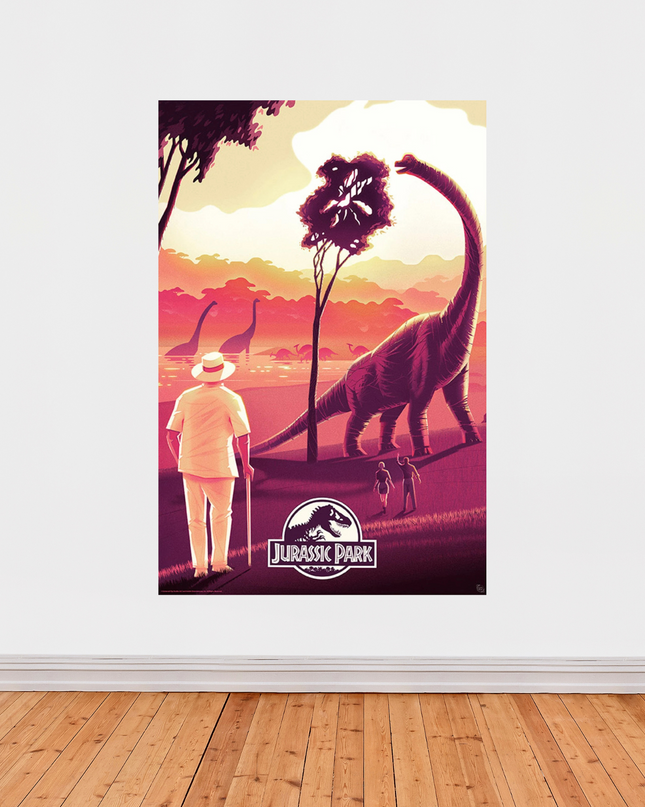 « Jurassic Park » – Affiche rétro coucher de soleil avec dinosaures