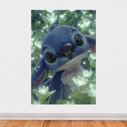 Affiche « Stitch » – Illustration 3D féérique parmi les fleurs lumineuses