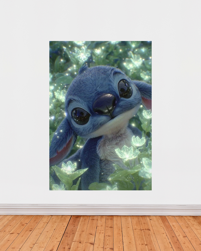 Affiche « Stitch » – Illustration 3D féérique parmi les fleurs lumineuses