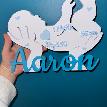 Décoration naissance en 3D avec bébé en main et prénom personnalisable.

