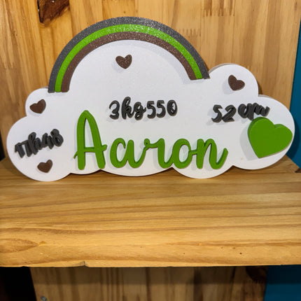 Décoration de naissance en impression 3D avec prénom et infos personnalisées.

