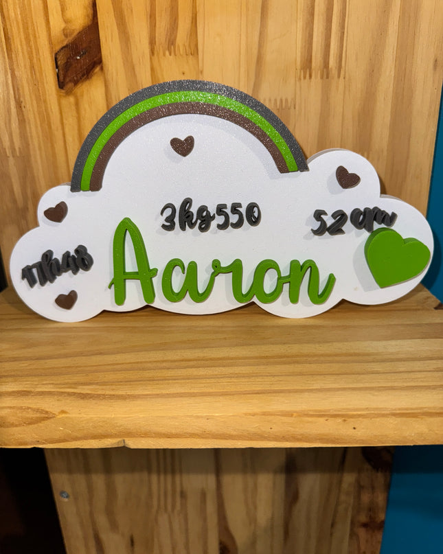 Décoration de naissance en impression 3D avec prénom et infos personnalisées.

