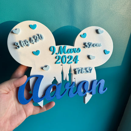Plaque de Naissance Personnalisée - Design Oreilles Magiques | Prénom & Détails Bébé | Création 3D | LumiLab