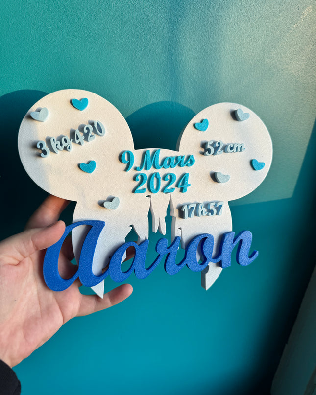 Plaque de Naissance Personnalisée - Design Oreilles Magiques | Prénom & Détails Bébé | Création 3D | LumiLab