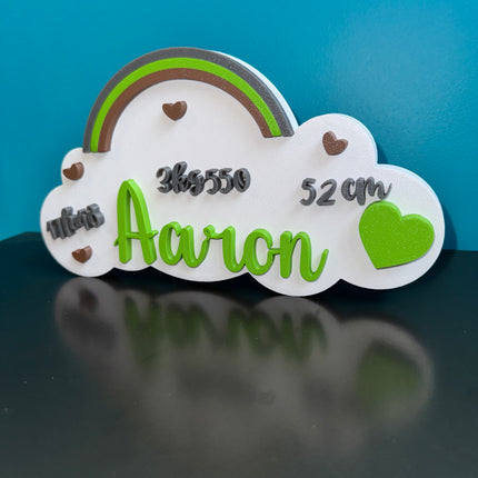 Décoration de naissance en impression 3D avec prénom et infos personnalisées.

