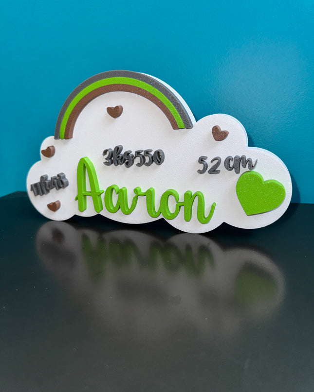 Décoration de naissance en impression 3D avec prénom et infos personnalisées.

