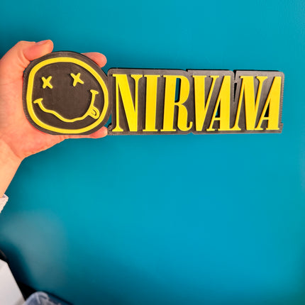 Logo smiley Nirvana imprimé en 3D pour décoration intérieure.


