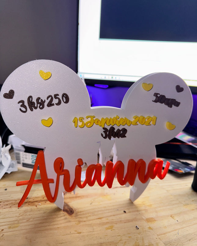 Plaque de Naissance Personnalisée - Design Oreilles Magiques | Prénom & Détails Bébé | Création 3D | LumiLab