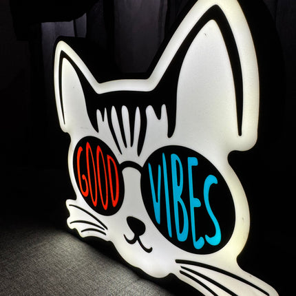 Lampe Good Vibes Chat - Lightbox 3D LED | Design Noir, Blanc, Orange & Bleu | USB