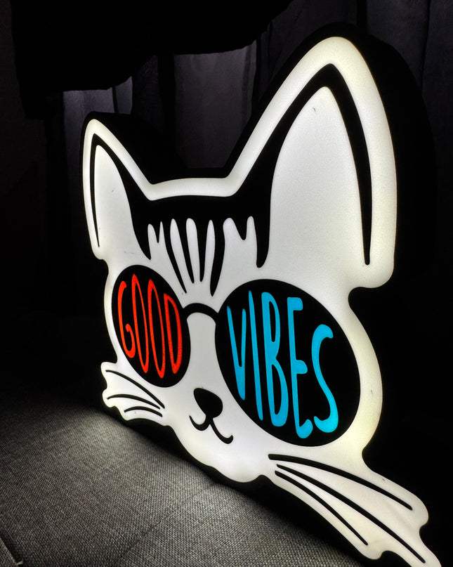 Lampe Good Vibes Chat - Lightbox 3D LED | Design Noir, Blanc, Orange & Bleu | USB