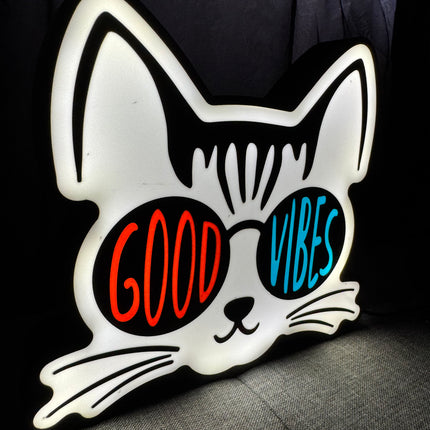 Lampe Good Vibes Chat - Lightbox 3D LED | Design Noir, Blanc, Orange & Bleu | USB
