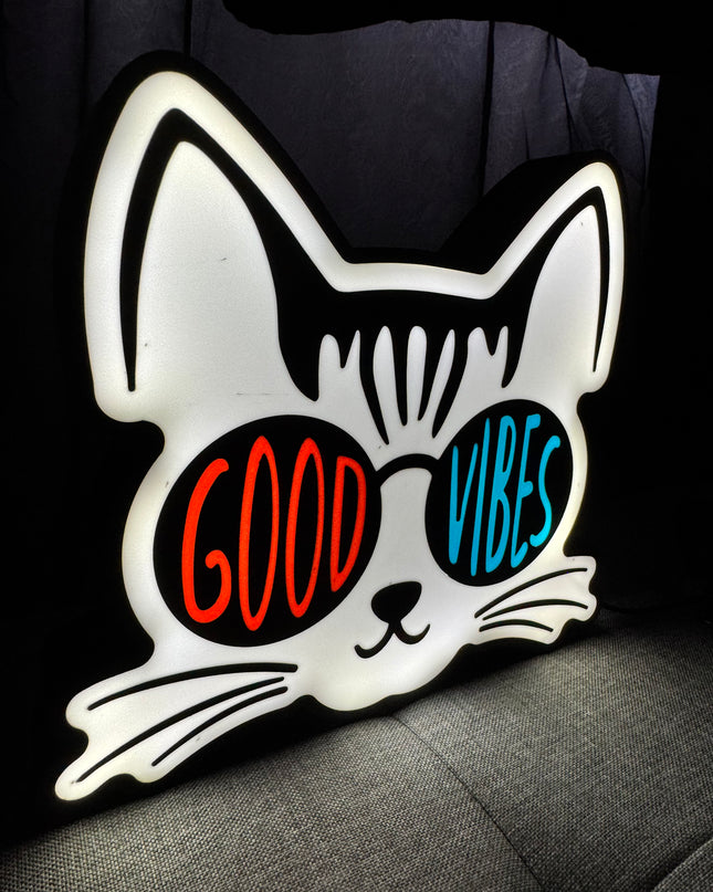 Lampe Good Vibes Chat - Lightbox 3D LED | Design Noir, Blanc, Orange & Bleu | USB