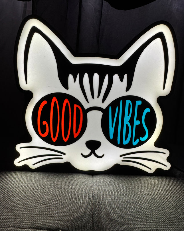 Lampe Good Vibes Chat - Lightbox 3D LED | Design Noir, Blanc, Orange & Bleu | USB