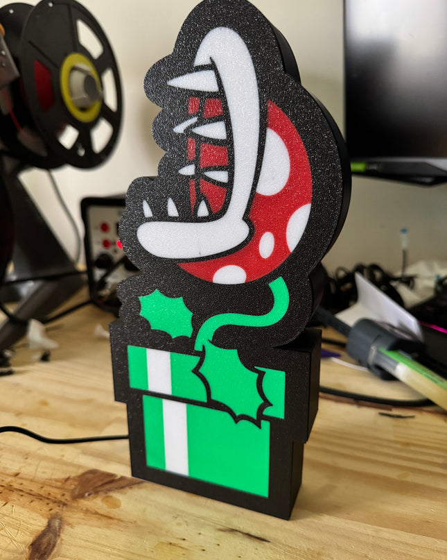 Lampe Plante Piranha - Mario Lightbox 3D LED | Design Noir, Vert, Blanc & Rouge | USB