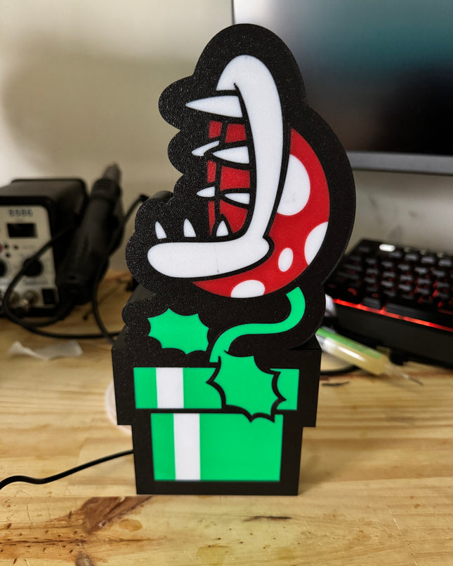 Lampe Plante Piranha - Mario Lightbox 3D LED | Design Noir, Vert, Blanc & Rouge | USB
