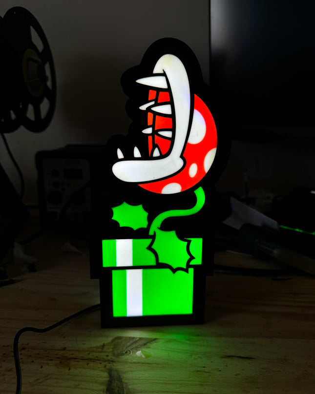 Lampe Plante Piranha - Mario Lightbox 3D LED | Design Noir, Vert, Blanc & Rouge | USB
