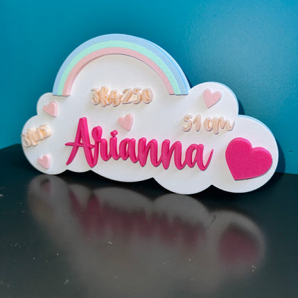 Design enfantin avec cœur, nuage, prénom et infos de naissance.

