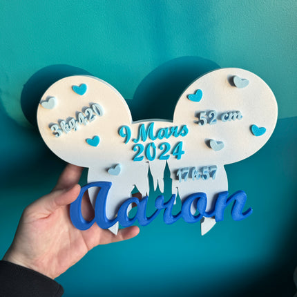 Plaque de Naissance Personnalisée - Design Oreilles Magiques | Prénom & Détails Bébé | Création 3D | LumiLab