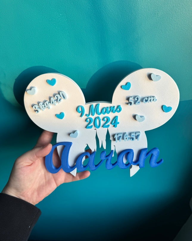 Plaque de Naissance Personnalisée - Design Oreilles Magiques | Prénom & Détails Bébé | Création 3D | LumiLab