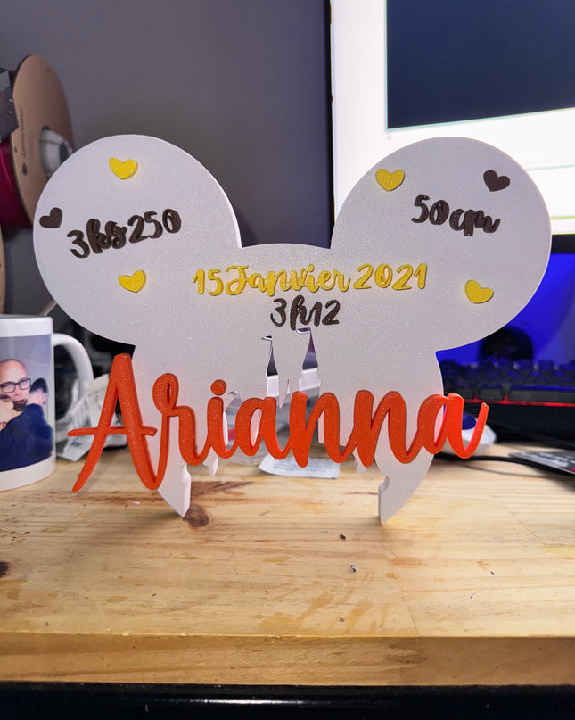 Plaque de Naissance Personnalisée - Design Oreilles Magiques | Prénom & Détails Bébé | Création 3D | LumiLab