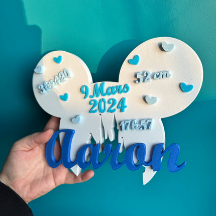 Plaque de Naissance Personnalisée - Design Oreilles Magiques | Prénom & Détails Bébé | Création 3D | LumiLab
