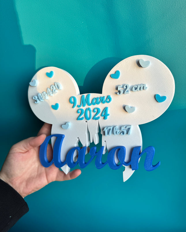 Plaque de Naissance Personnalisée - Design Oreilles Magiques | Prénom & Détails Bébé | Création 3D | LumiLab