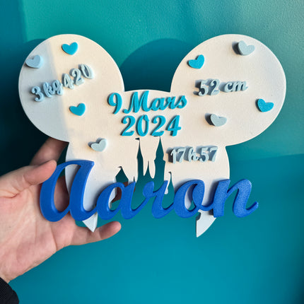 Plaque de Naissance Personnalisée - Design Oreilles Magiques | Prénom & Détails Bébé | Création 3D | LumiLab