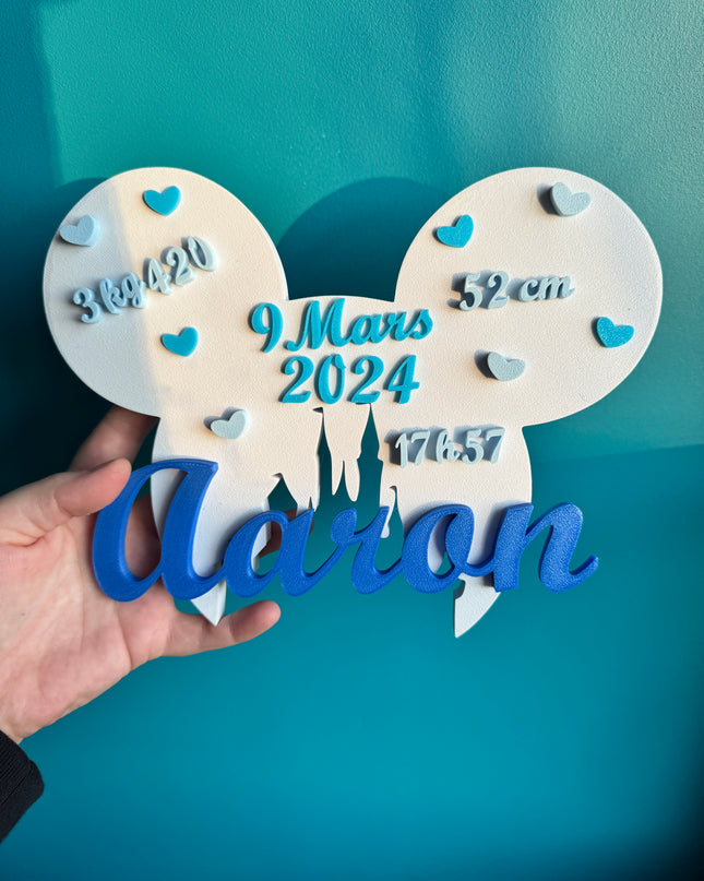 Plaque de Naissance Personnalisée - Design Oreilles Magiques | Prénom & Détails Bébé | Création 3D | LumiLab