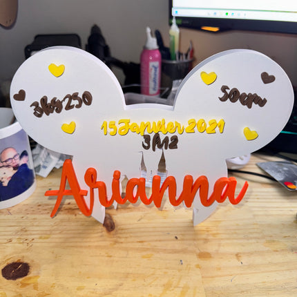 Plaque de Naissance Personnalisée - Design Oreilles Magiques | Prénom & Détails Bébé | Création 3D | LumiLab