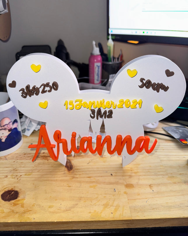 Plaque de Naissance Personnalisée - Design Oreilles Magiques | Prénom & Détails Bébé | Création 3D | LumiLab