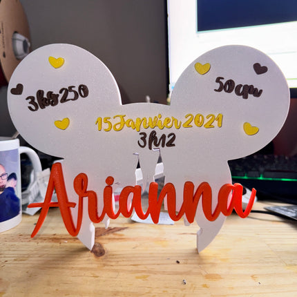 Plaque de Naissance Personnalisée - Design Oreilles Magiques | Prénom & Détails Bébé | Création 3D | LumiLab