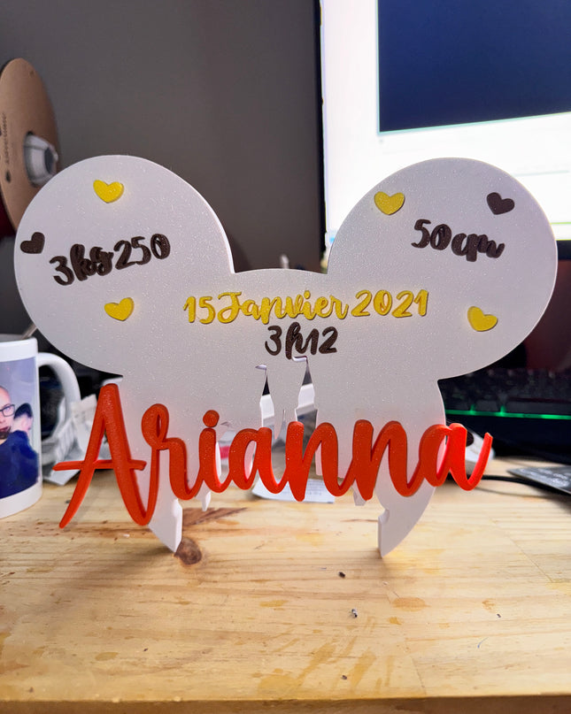 Plaque de Naissance Personnalisée - Design Oreilles Magiques | Prénom & Détails Bébé | Création 3D | LumiLab