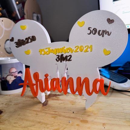 Plaque de Naissance Personnalisée - Design Oreilles Magiques | Prénom & Détails Bébé | Création 3D | LumiLab