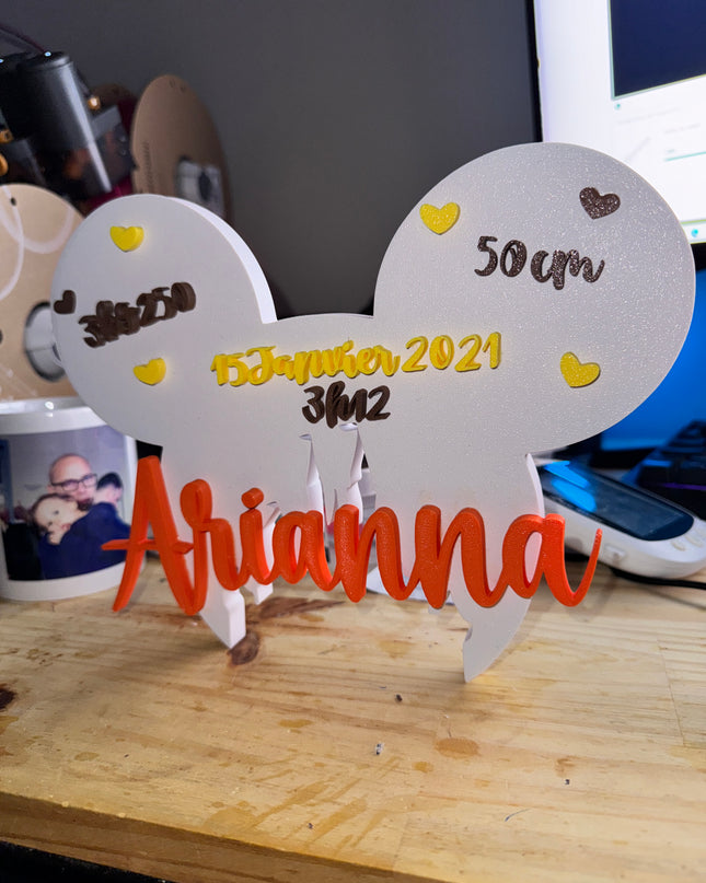 Plaque de Naissance Personnalisée - Design Oreilles Magiques | Prénom & Détails Bébé | Création 3D | LumiLab