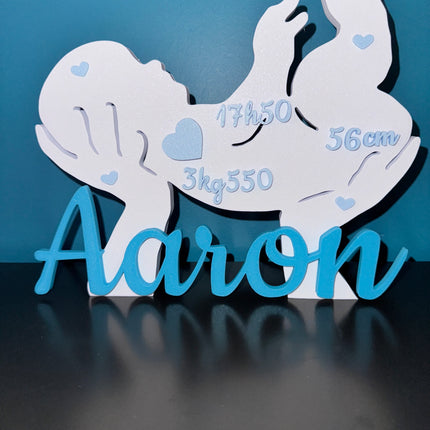 Cadeau de baby shower personnalisable, prénom et infos naissance en 3D.


